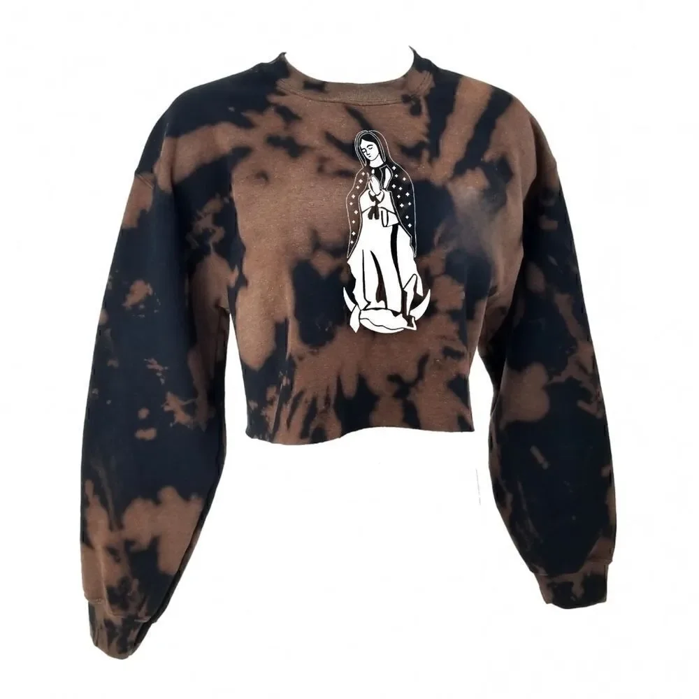 LA VIRGEN DE GUADALUPE Acid Wash Crop Top Long Sleeve Crewneck Sweatshirt latina - Picture 2 of 5